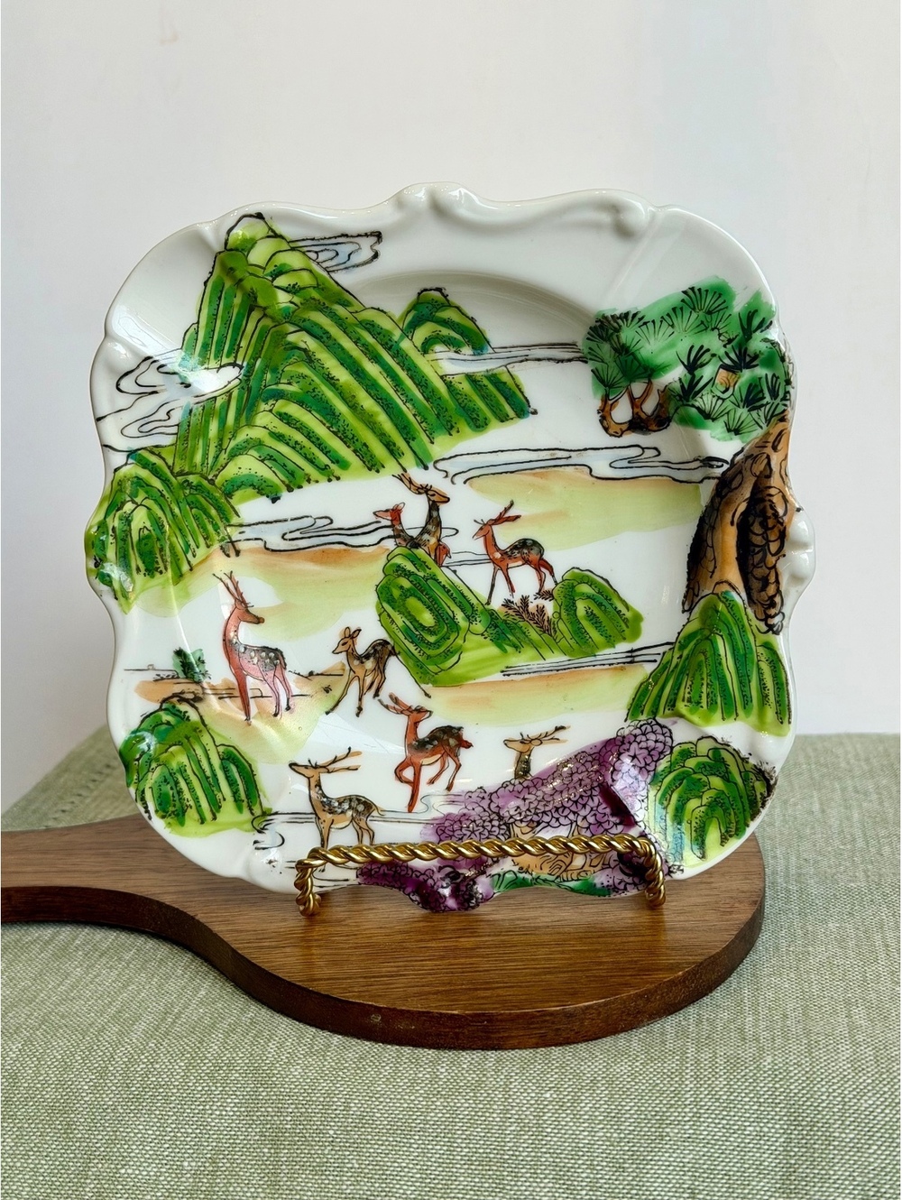 Vintage Made in Macau Porcelain Dish Hand Painted Asian Landscape Deer 6”